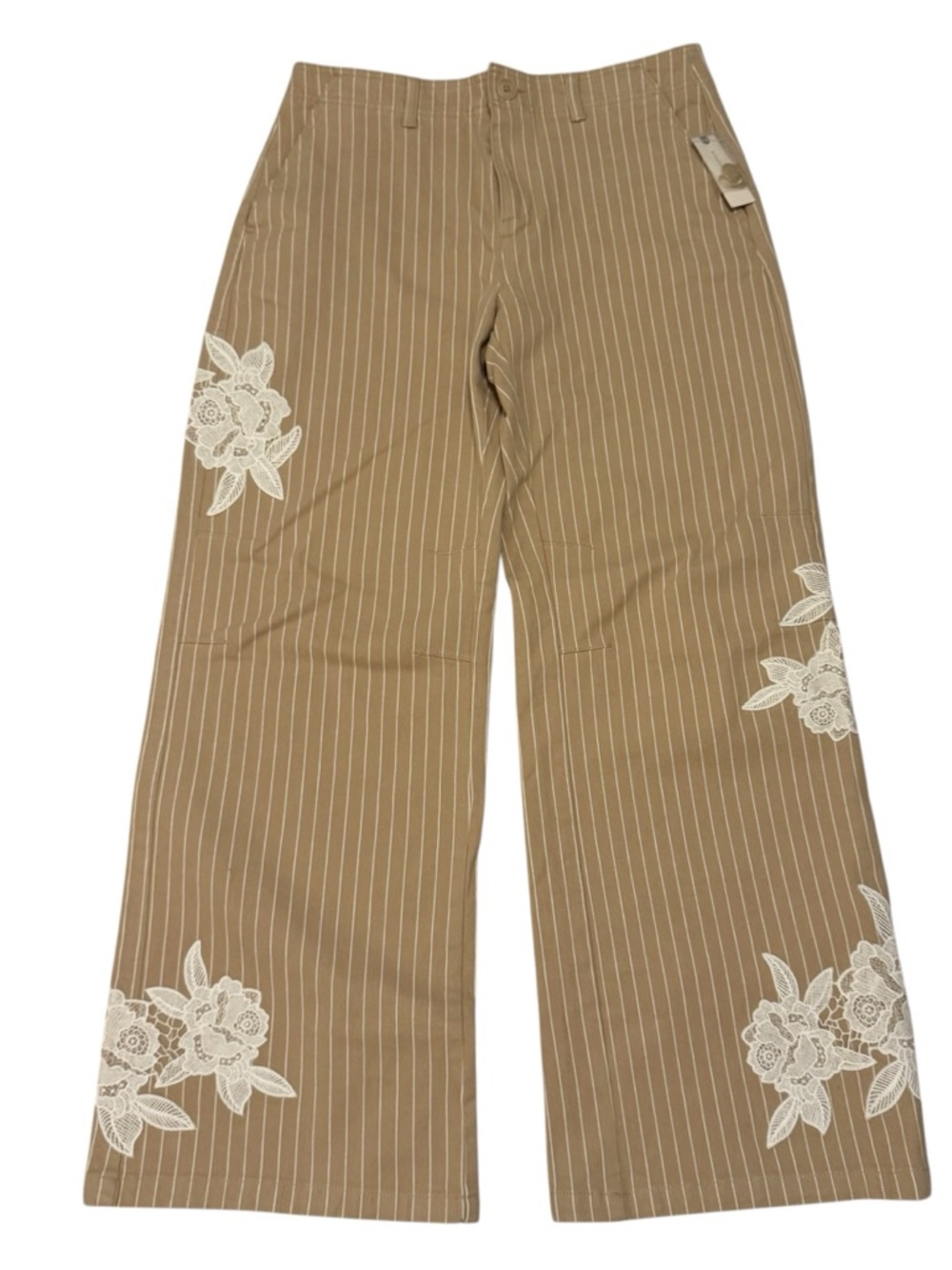 Anthropologie Tan Pinstripe Wide-Leg Pants with White Lace Appliqué
